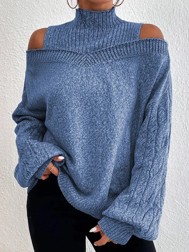 High Neck Cutout Off Shoulder Long Sleeve Loose Sweater - NuaVibe