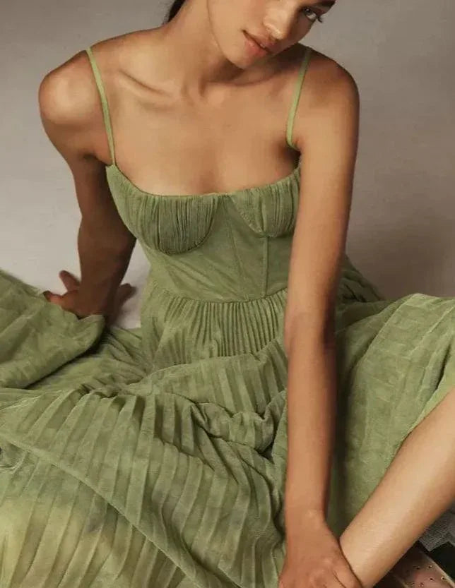 Bustier Pleated Tulle Fit & Flare Midi Dress - NuaVibe