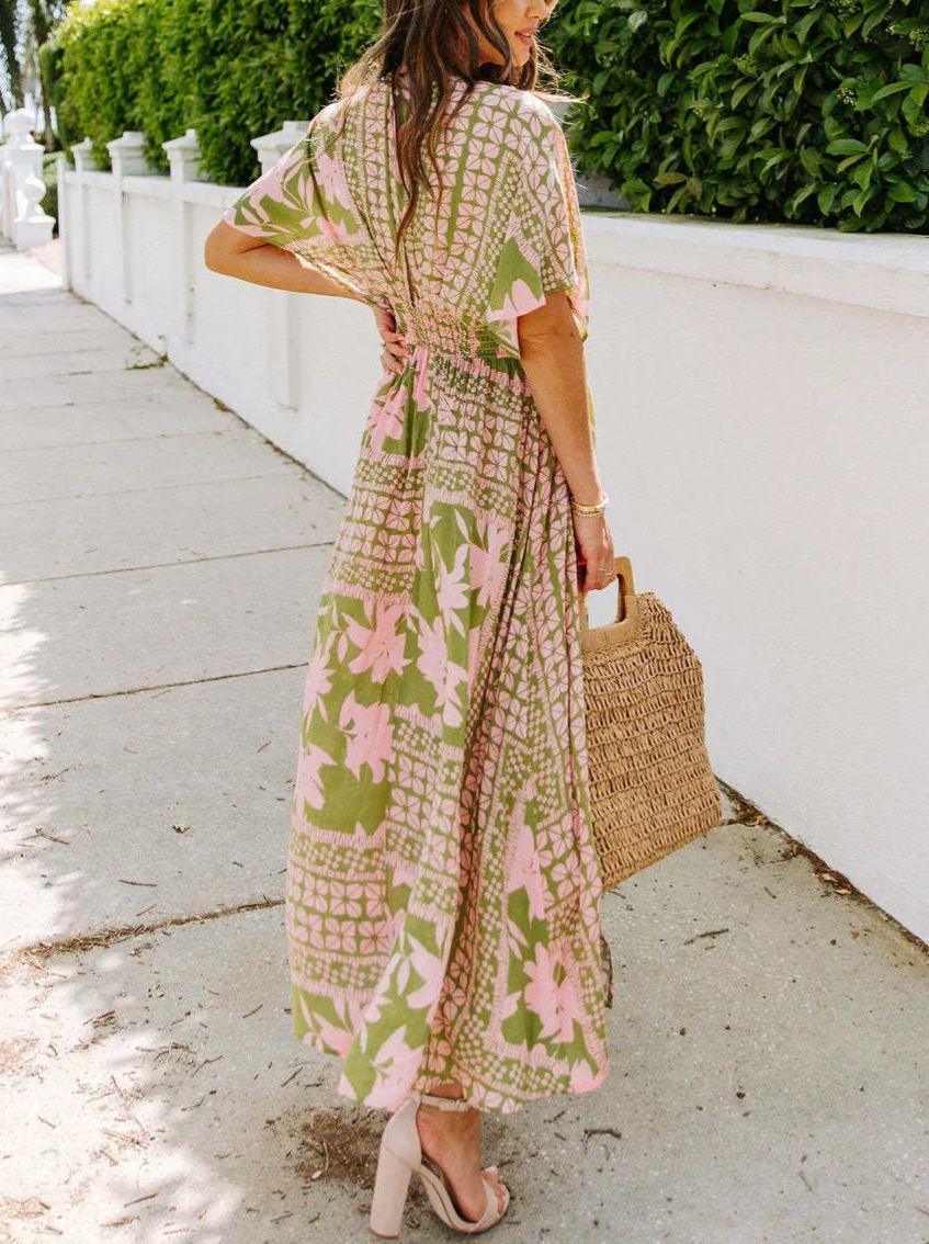Floral Plunge Half Sleeve Dress - NuaVibe