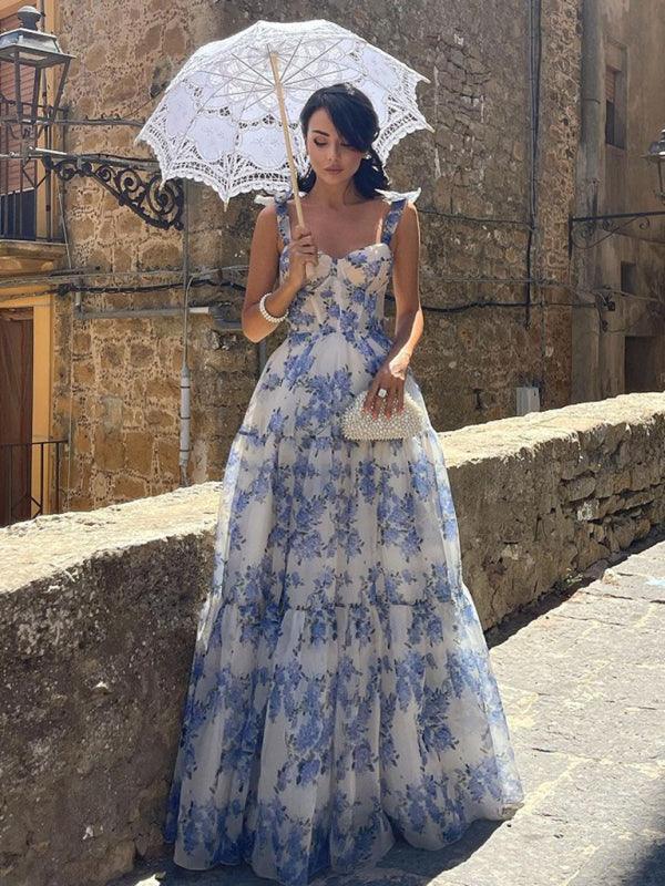 Organza Floral Print Tie Strap Maxi Dress - NuaVibe