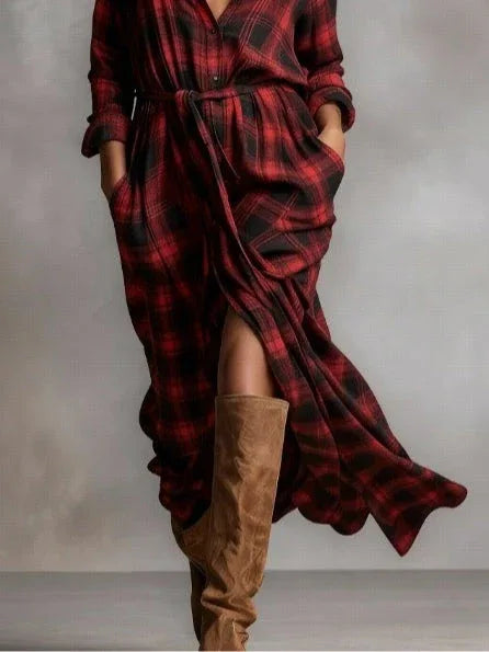 Red Plaid Lapel Button-Down Shirt Maxi Dress - NuaVibe