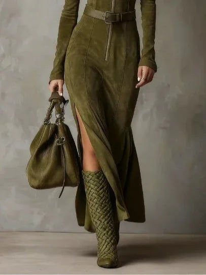 Vintage Green Zipper Belted Maxi Dress - NuaVibe