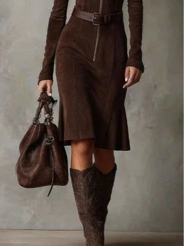 Brown Vintage Zipper Belted Midi Dress - NuaVibe