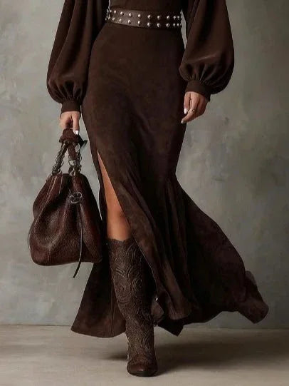Retro lantern long-sleeved half-high collar maxi dress - NuaVibe