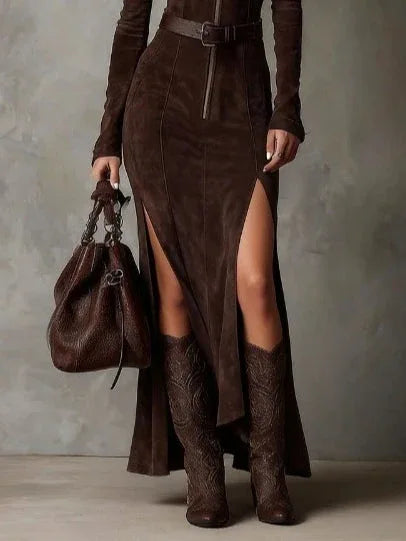 Vintage Brown V-Neck Zipper Slit Maxi Dress - NuaVibe