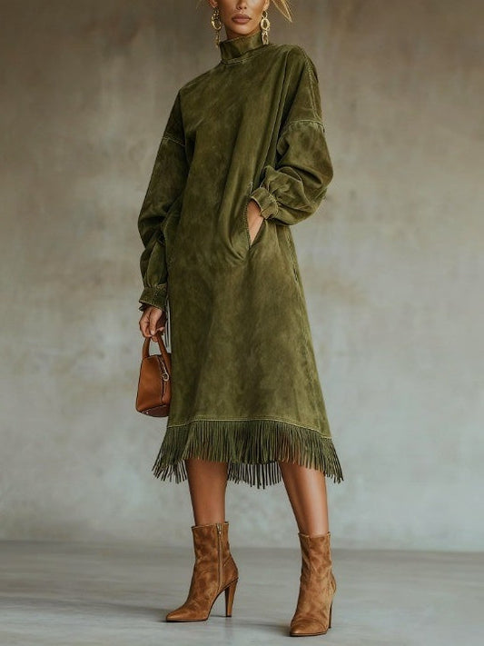 Suede Turtleneck Long Dress With Fringed Hem