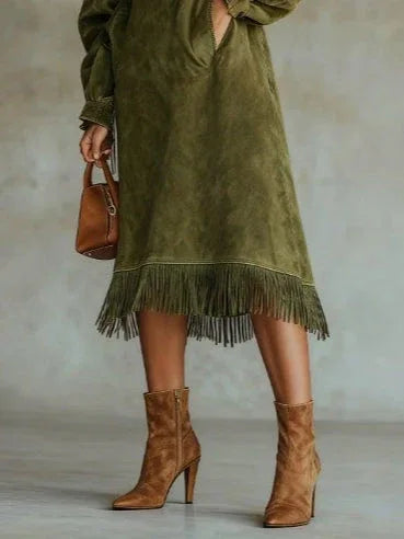 Suede Turtleneck Long Dress With Fringed Hem - NuaVibe