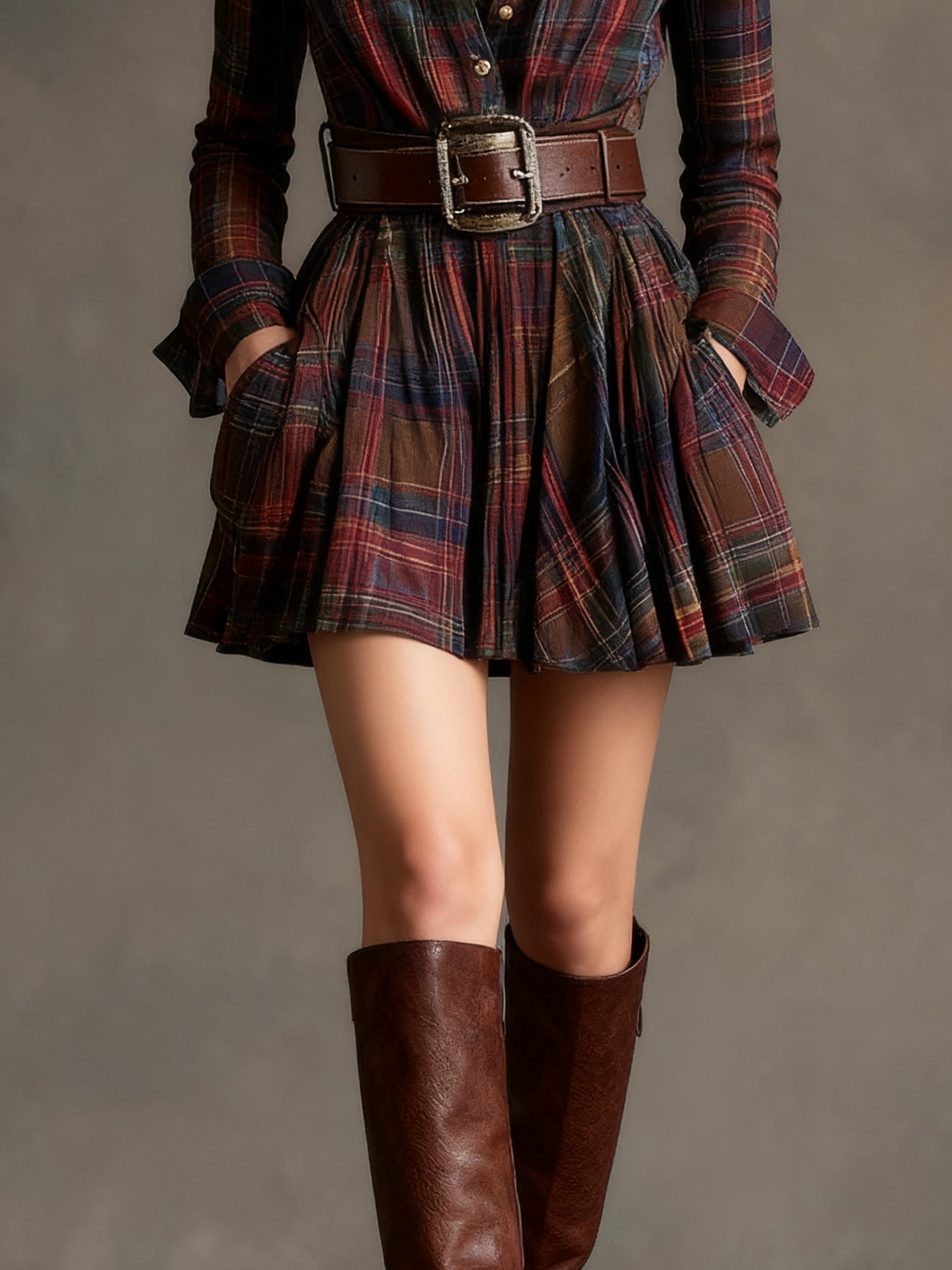Vintage Lapel Red and Brown Plaid Mini Dress