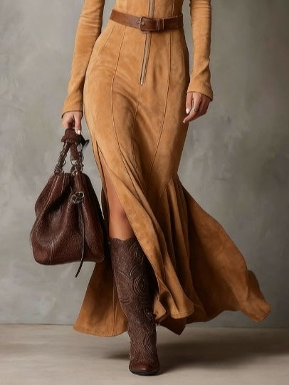 Vintage Camel Zipper Belted Maxi Dress