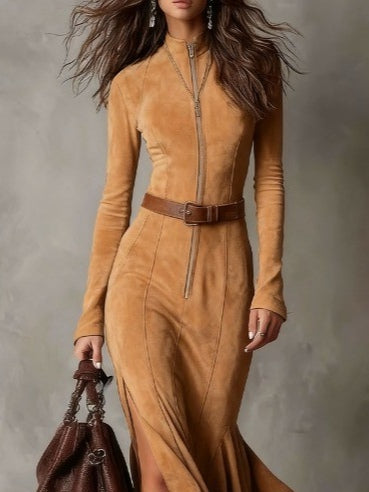 Vintage Camel Zipper Belted Maxi Dress