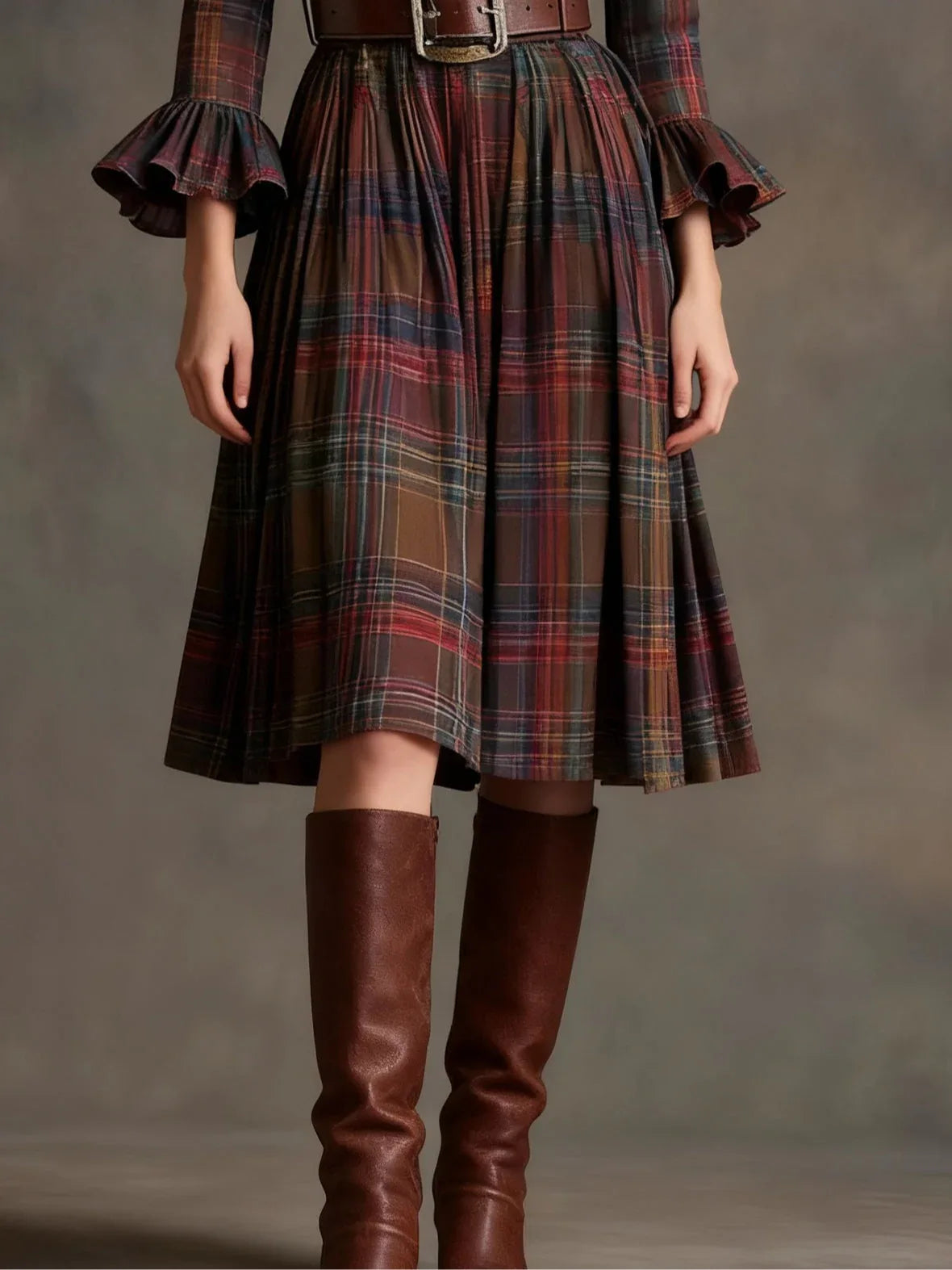Round neck, ruffled, color-blocked plaid midi dress (with belt) - NuaVibe