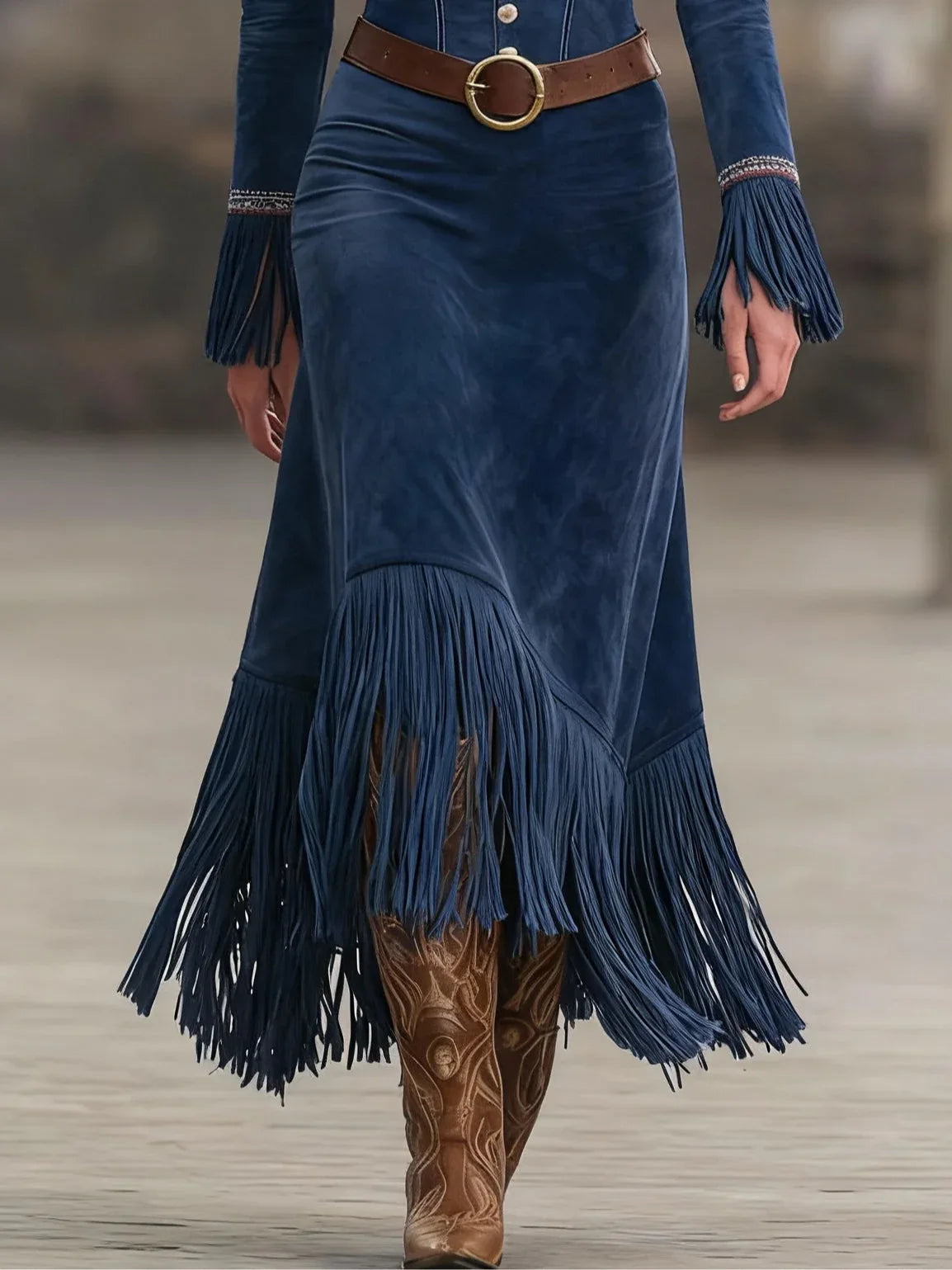 Retro Embroidered Dark Blue Faux Suede Tassel Maxi Dress(Includes belt) - NuaVibe