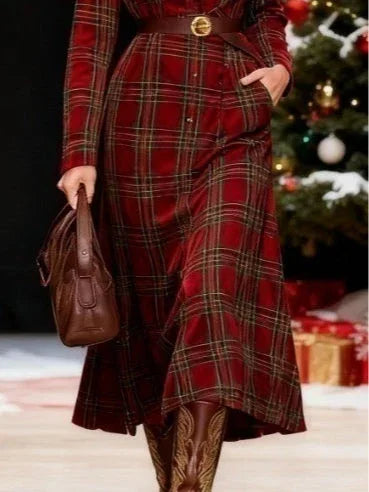 Christmas red plaid collar button-down shirt dress(Includes belt) - NuaVibe