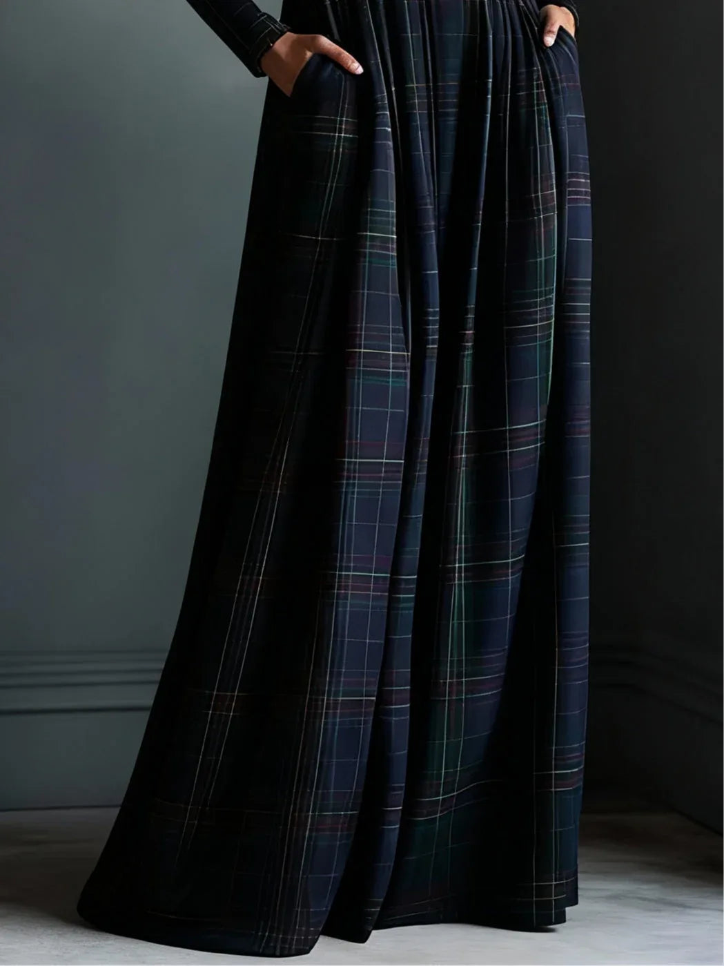 Dark green plaid zip-up turtleneck maxi dress - NuaVibe