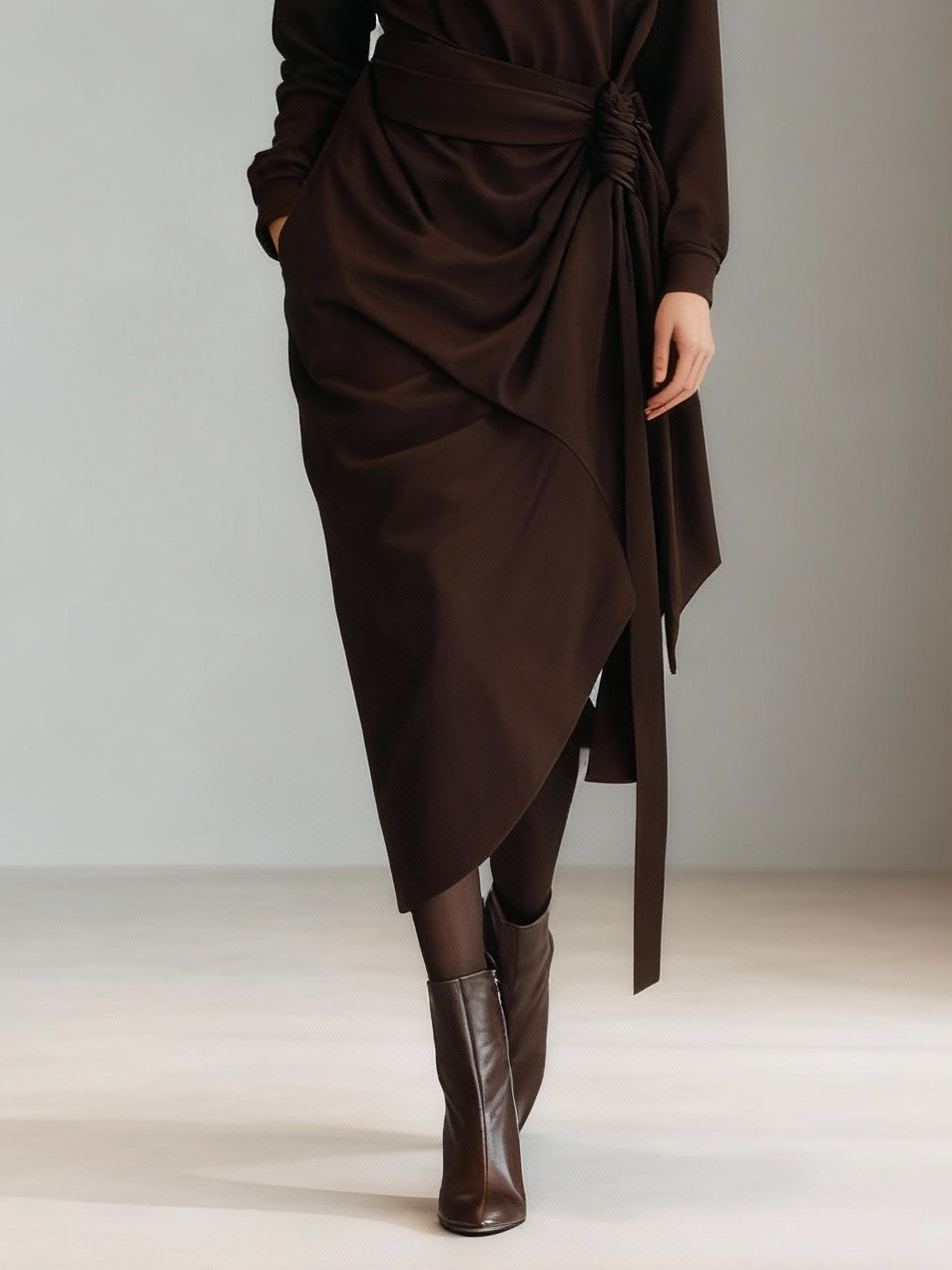 Dark brown draped tie-waist asymmetrical midi dress