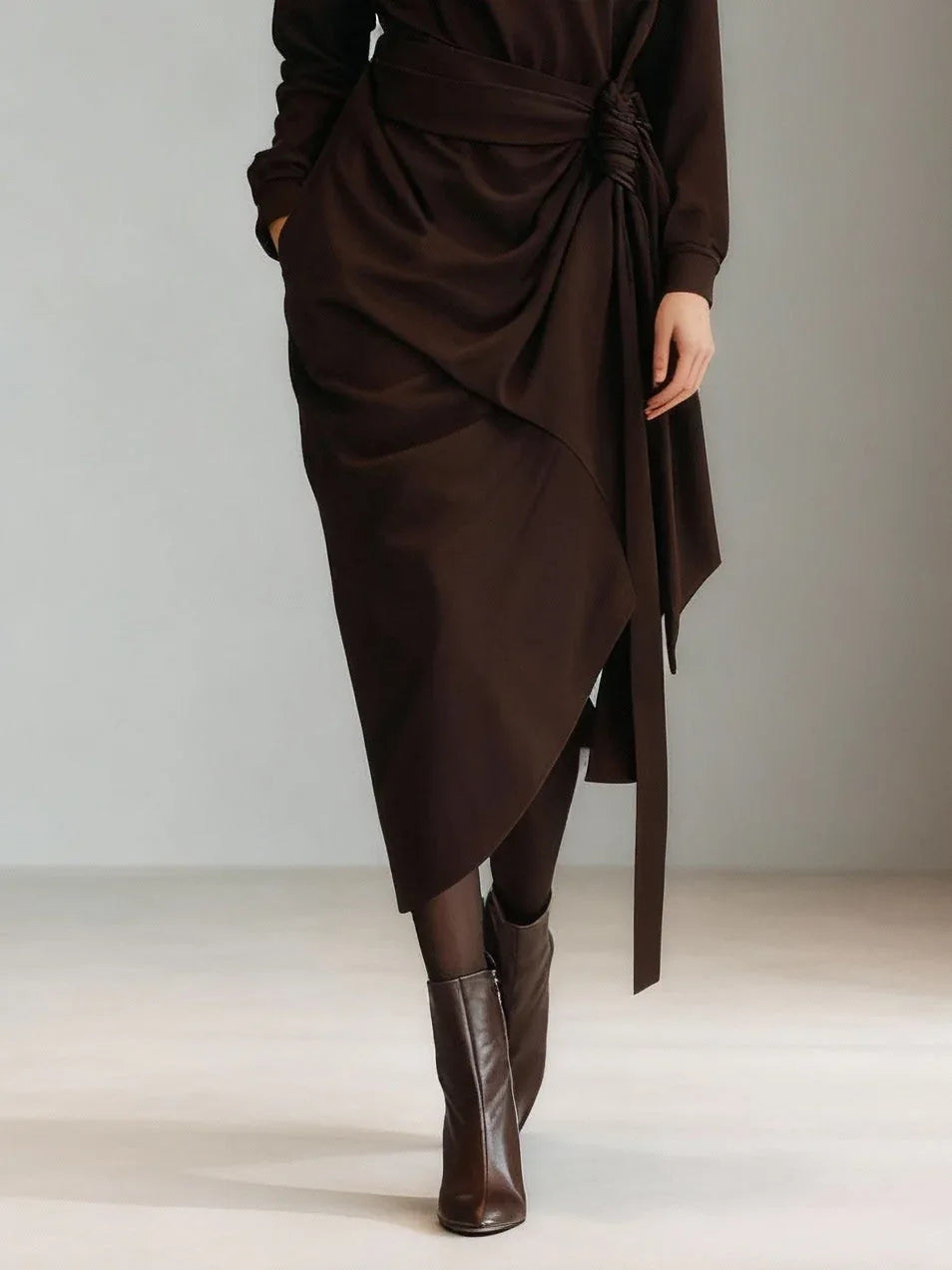 Dark brown draped tie-waist asymmetrical midi dress - NuaVibe