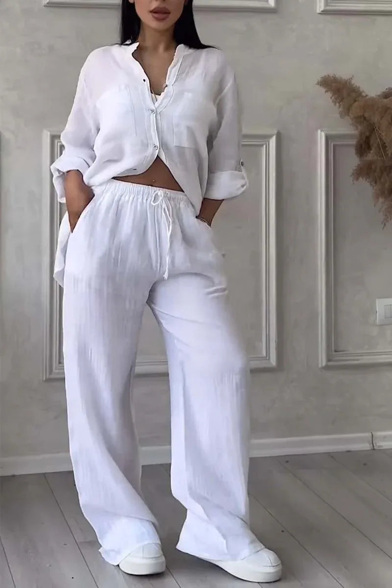 Casual solid color cotton and linen pants two-piece set - NuaVibe