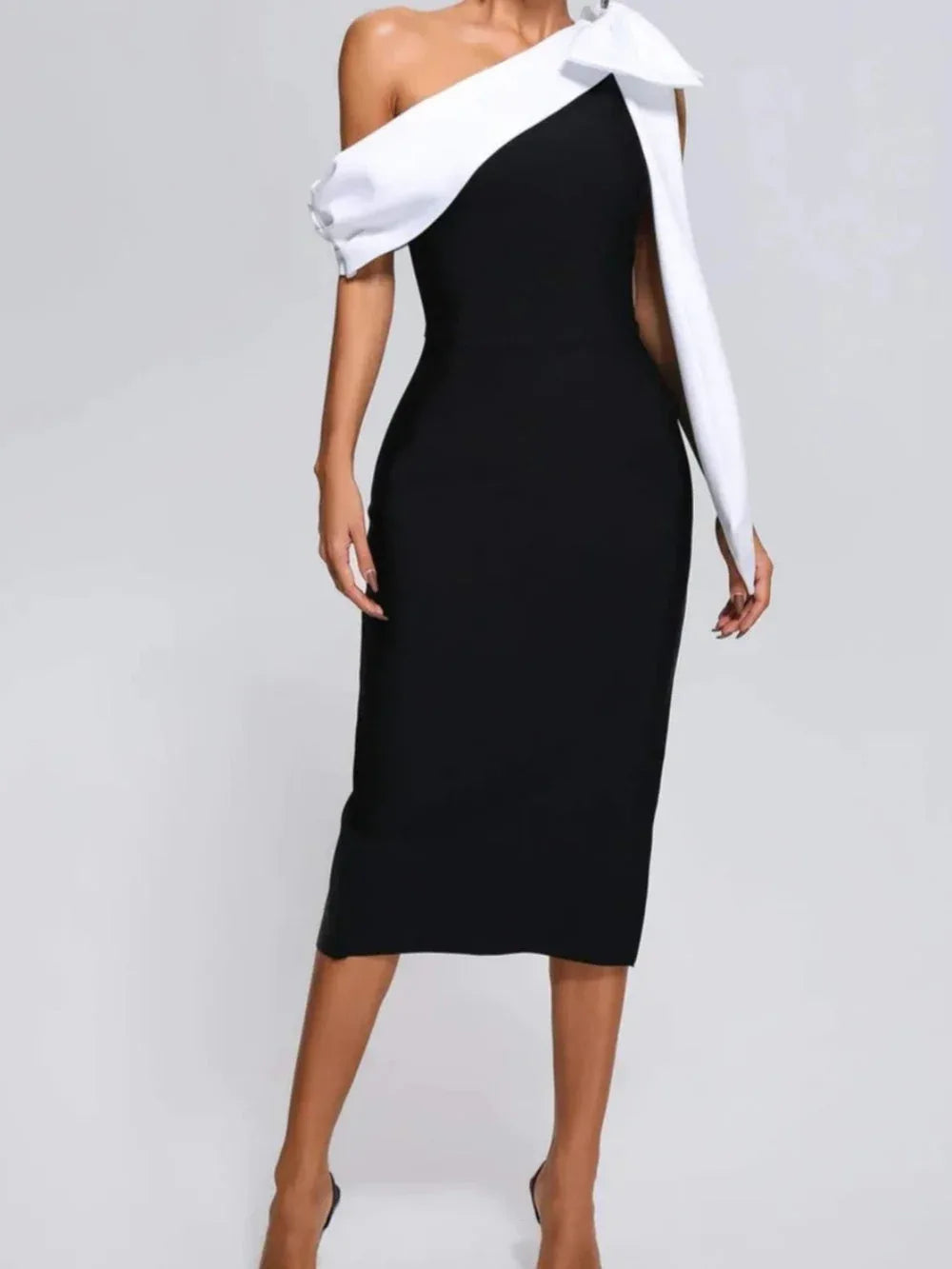 Contrast color stitching bow one shoulder dress - NuaVibe