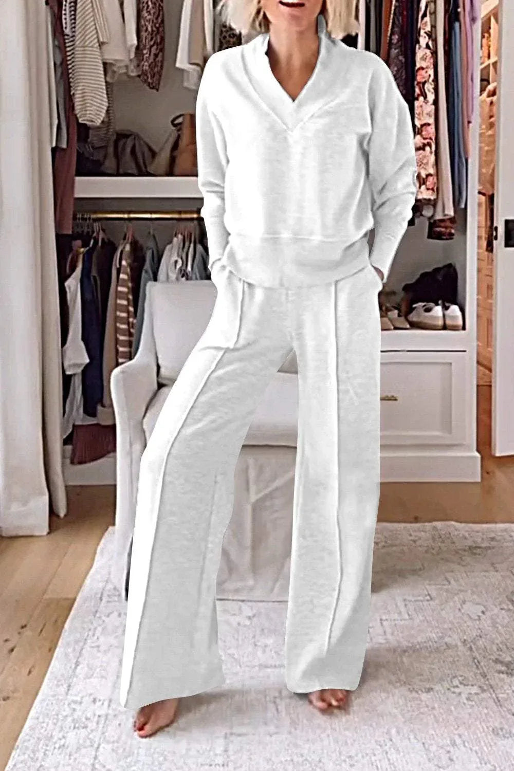 Solid Color V-neck Top & Pants Two-piece Set - NuaVibe