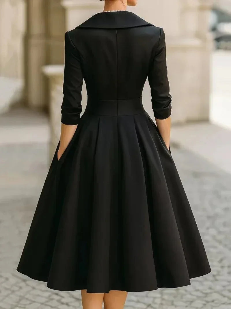 Vintage V-Neck Midi Swing Dress - Elegant Office Wear - NuaVibe