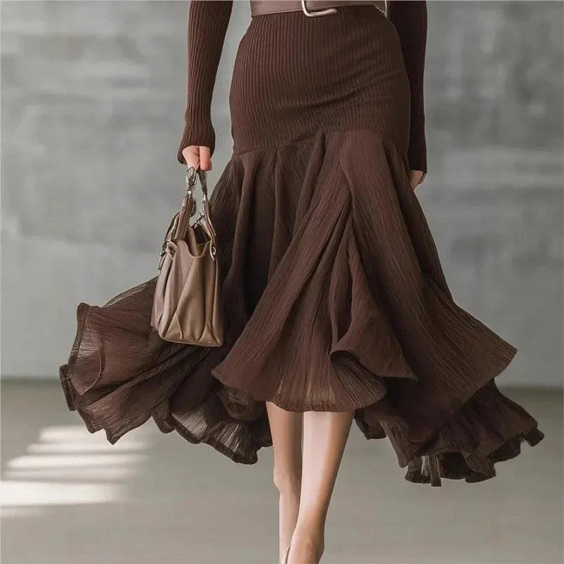 The Luxe Ribbed Knit Wrap Midi Dress | Flared Hem Evening - NuaVibe