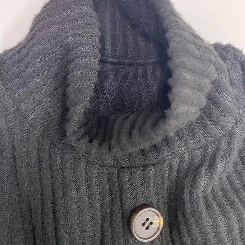 Women’s Black Turtleneck Maxi Dress – Long Sleeve Button-Front Knitted Sweater Dress