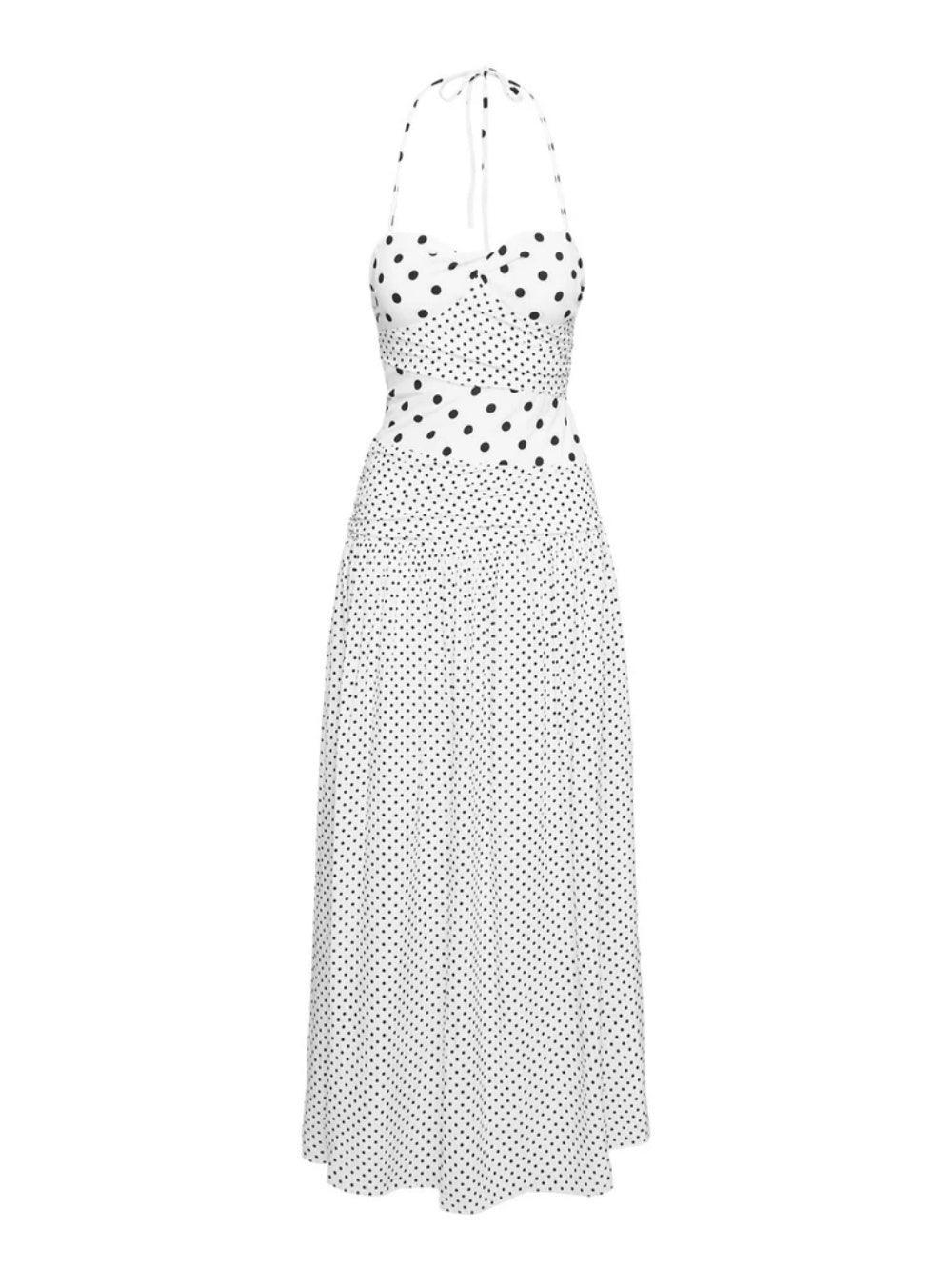 Halter Maxi Dress White Polka - NuaVibe