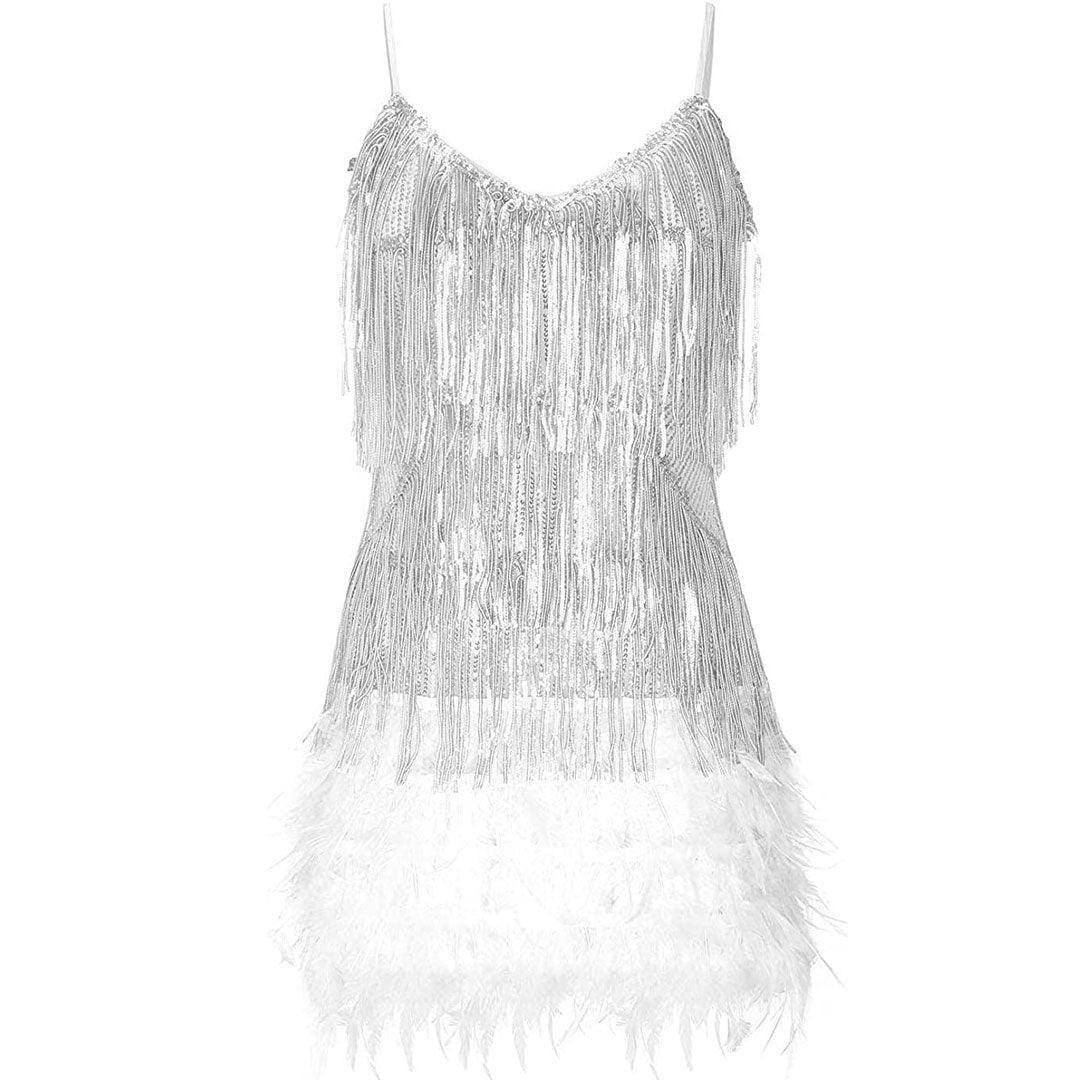 Shimmery Scoop Neck Sequin Fringe Feather Slip Flapper Mini Dress - NuaVibe