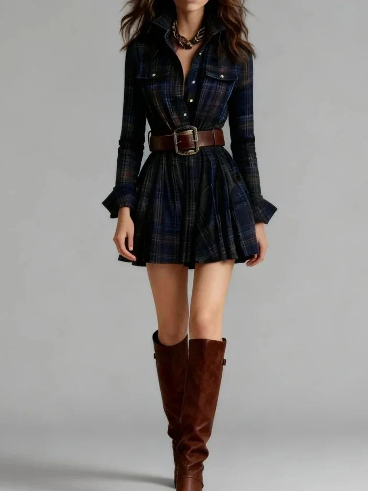 The Blaire Vintage Plaid Pleated Shirt Dress - NuaVibe