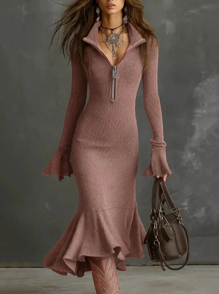The Sienna Zip-Collar Ribbed Knit Dress - NuaVibe