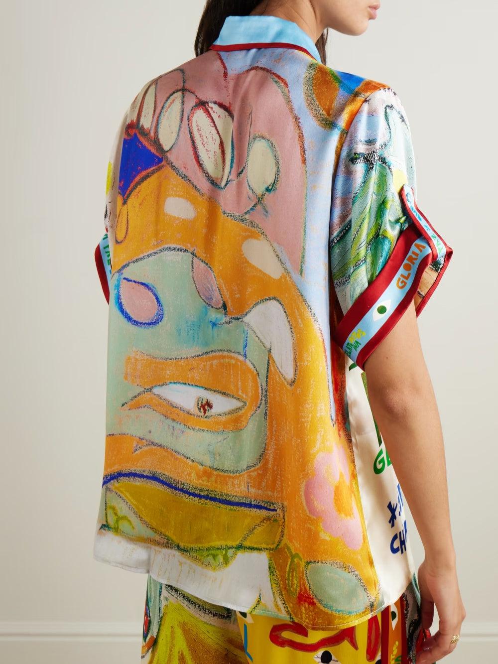 Linen blend unique print shirt and elastic waistband pocket trousers set