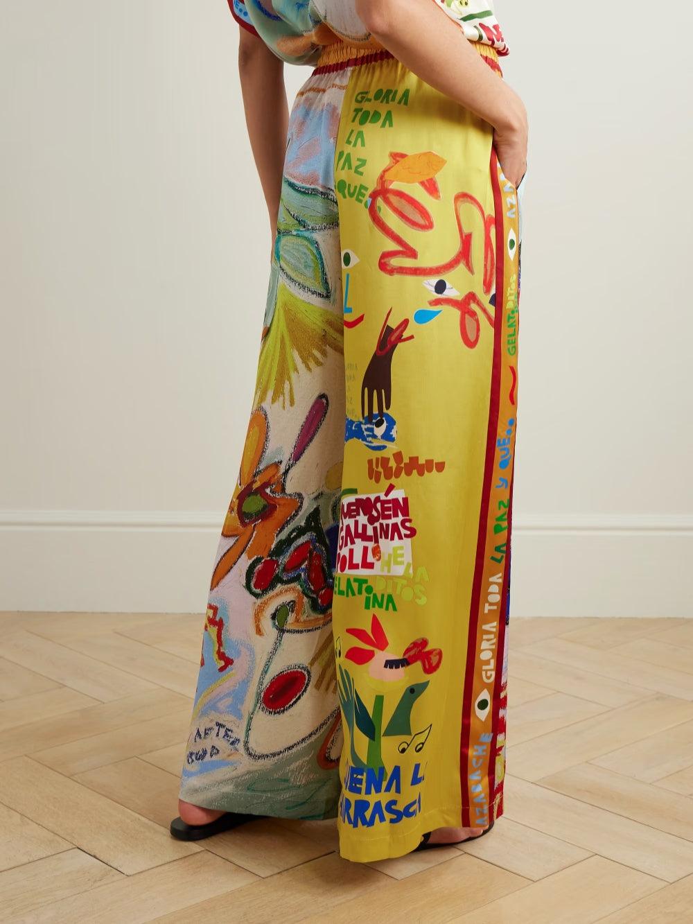 Linen blend unique print shirt and elastic waistband pocket trousers set