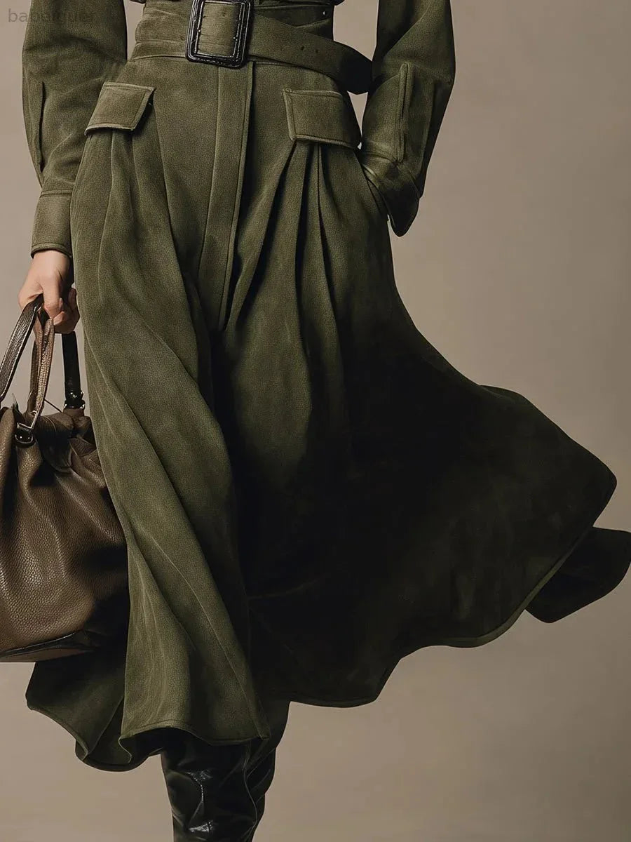 Retro Western Style Green Workwear Faux Suede Midi Dress(Includes belt) - NuaVibe