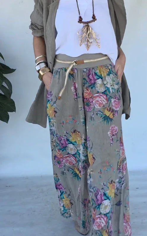 Green jacket and floral print wide-leg pants set - NuaVibe