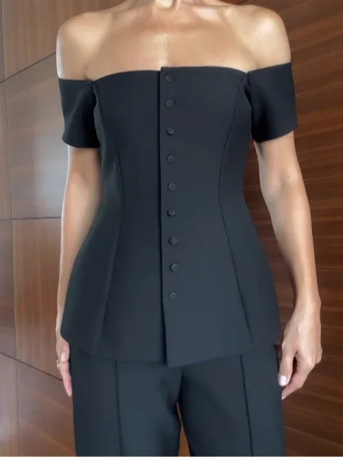 Off-shoulder short-sleeved button-down vest suit - NuaVibe