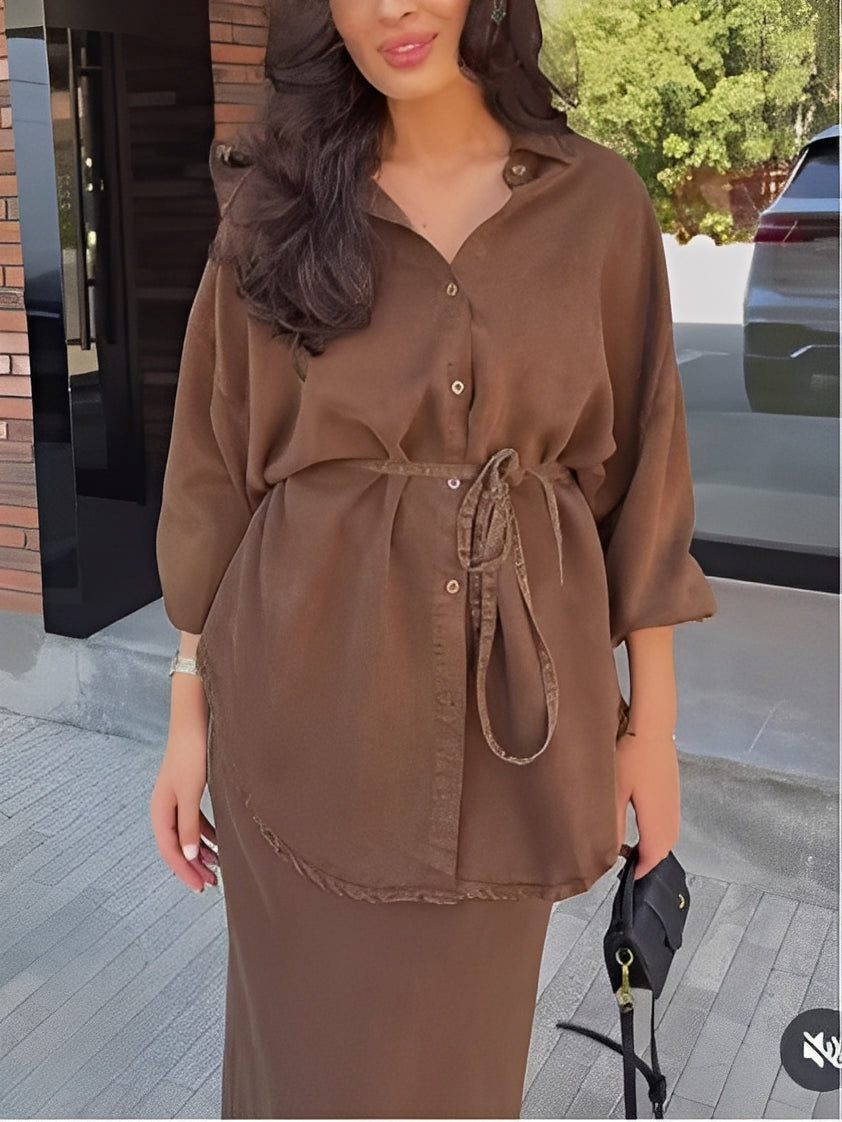 Long-sleeved Tie-Drawstring Shirt and Skirt Set