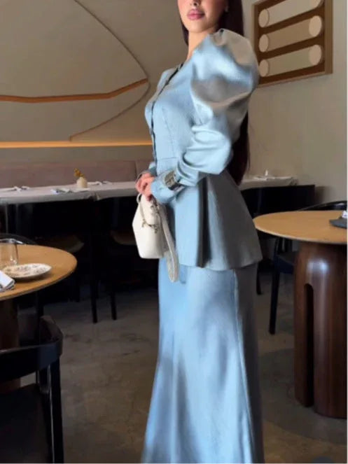 Round Neck Button Puff Sleeve Skirt Suit - NuaVibe