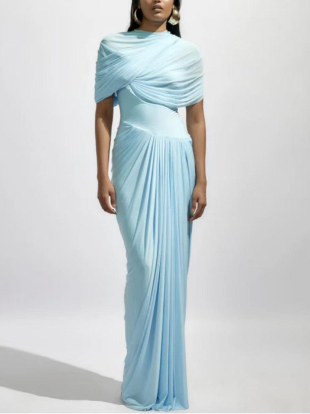 Cape-style pleated wrap maxi dress
