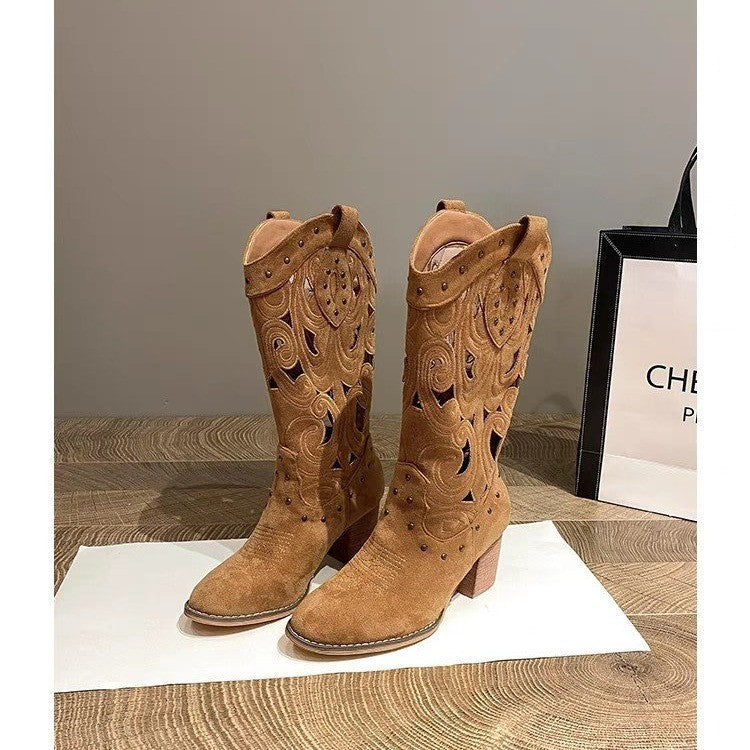 Suede chunky heel embroidered openwork Western boots
