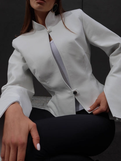 Stand collar long sleeve leather solid color short jacket