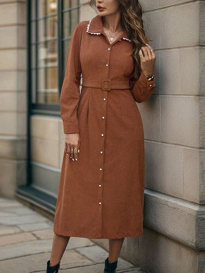 Antique Lace Lapel Shirt-Style Corduroy Dress