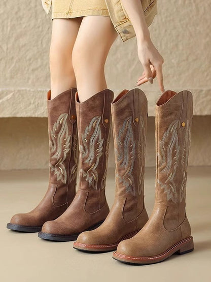 Brown embroidered back zipper long boots