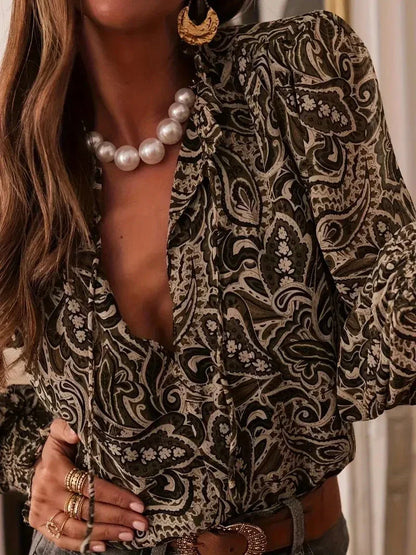 Retro Print Long Sleeve Loose-fitting Shirt for Women - NuaVibe