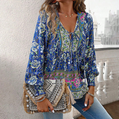 Holiday-style rayon printed lace-up long-sleeved shirt