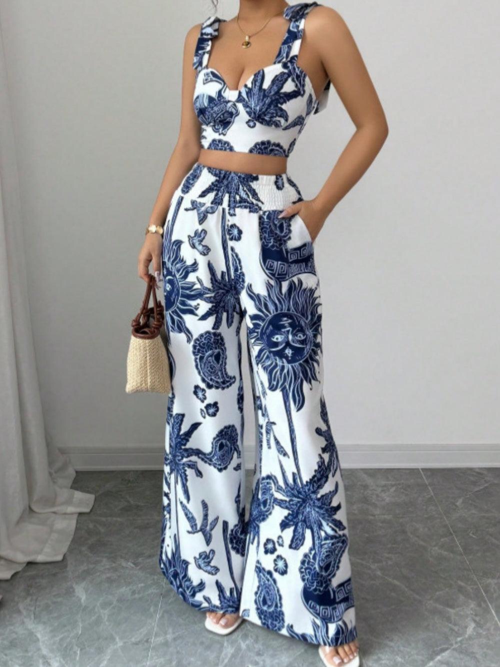 Printed V-neck top + loose wide-leg pants set
