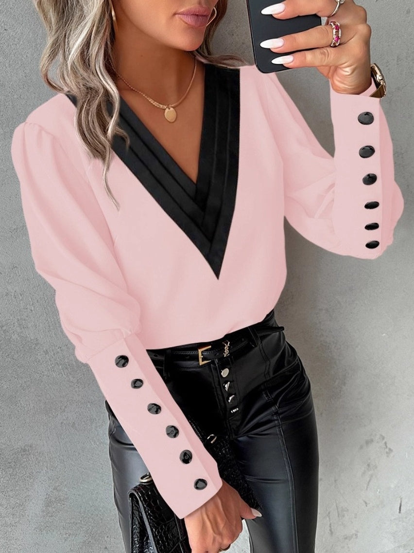 Autumn Fashion V-neck Solid Color Long Sleeve Button-up Shirt