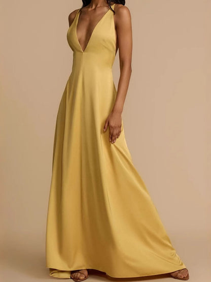 Sexy backless v-neck satin long dress