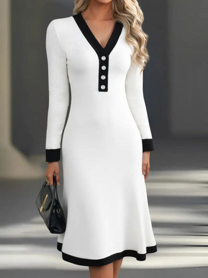 Elegant color-blocked V-neck midi dress for commuting