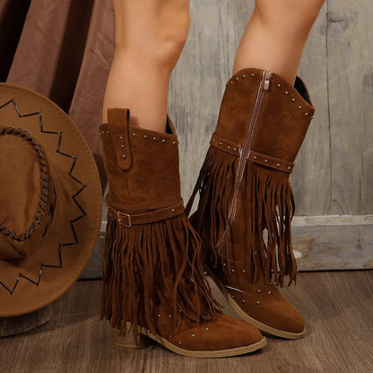 Retro tassel rivet belt knight boots