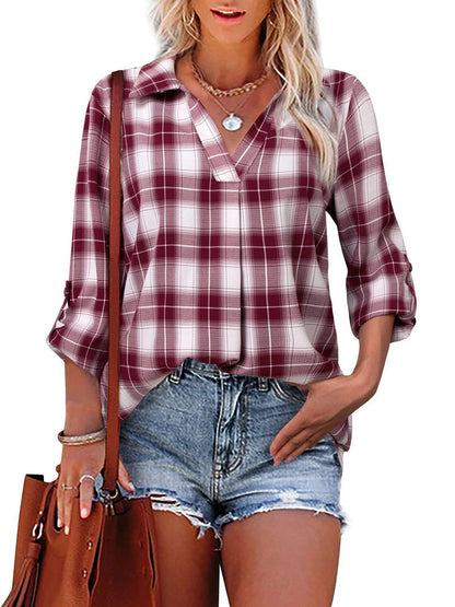 Pullover Lapel Loose Fit Women's Plaid Shirt